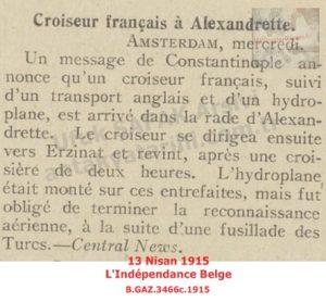İskenderun’da Fransız Kruvazörü-13 Nisan 1915 L’Indépendance Belge-A French Cruiser in Alexandretta — 13 April 1915 — L’Indépendance Belge