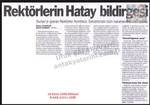 Rektörlerden Hatay Bildirgesi-16 Ekim 1998-Milliyet/Hatay Declaration by University Rectors – 16 October 1998 – Milliyet