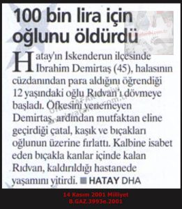 Baba Oğlunu Öldürdü-14 Kasım 2001-Milliyet/Father Killed His Son – 14 November 2001 – Milliyet