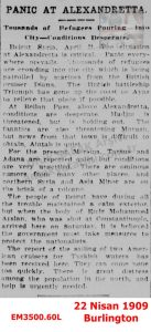Alexandrette’de Panik Başlıklı Haber-Ermeni Olayları 22 Nisan 1909-Burlington/ News Headed Panic in Alexandrette – Armenian Events 22 April 1909
