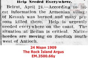1909 Ermeni Olaylarını Anlatan 24 Nisan 1909 Tarihli The Rock İsland Argus Gazetesi