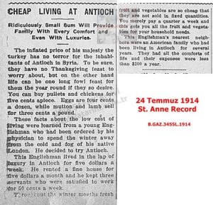 Antakya’da Ucuz Yaşam St. Anne Record Gazetesi 24 Temmuz 1914/Cheap Living At Antioch ST. Anne Record 24 July 1914