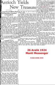 Antakya’da Yeni Hazineler/Antioch Yields New Treasure, Manti Messenger, 26 Aralık 1924 Page 3