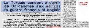 Türkiye, Çanakkale Boğazı’nı Fransız ve İngiliz Savaş Gemilerine Açmayı Kabul Etti/Türkiye Agrees to Open the Dardanelles to French and British Warships, La Patrie 5 Nisan 1939/05.04.1939