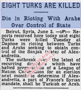 8 Türk Öldürüldü/Eight Turks Are Killed, Montreal Gazette 3 Haziran 1938/03.06.1938