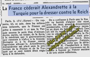 Fransa, Reich’la karşı durmak için İskenderun’u Türkiye’ye bırakacak/La France cèderait Alexandrette à la Turquie pour la dresser contre le Reich, Le Canada 3 Nisan 1939/0304.1939