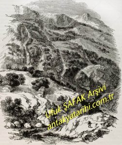 Antakya, Suriye yakınındaki Daphne Bahçeleri Magasin Pittoresk 1845. View Daphne Gardens, near Antioch, Syria, vintage engraved illustration. Magasin Pittoresque 1845.