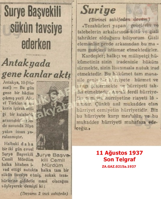 Suriye Başvekilinin Açıklamaları ve Antakya Olayları-Son Posta 11 Ağustos 1937/Statements of the Syrian Prime Minister and the Events in Antakya – Son Posta, 11 August 1937