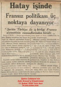 Hatay Sorunu ve Fransızlar-Yeni Asır-11 Şubat 1938/The Hatay Question and the French – Yeni Asır Newspaper – 11 February 1938