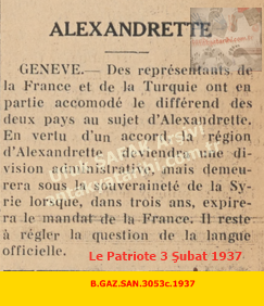 Türkiye ve Fransa Kısmen Anlaştı Le Patriote 3 Şubat 1937