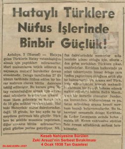 Hatay Türklerine Nüfus İşlerinde Çıkarılan Zorluklar-4 Ocak 1938-Tan/“Difficulties Imposed on the Turks of Hatay in Civil Registration Procedures – Tan Newspaper, 4 January 1938”