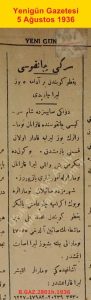 Yakto Köyü’nden bir adama yüz lira çarptı. Yenigün Gazetesi 5 Ağustos 1936