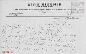 Refik Ülkğmen Antetli Kağıt 1944