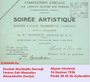Sörler okulu öğrencilerinin düzenlediği tiyatro gecesine giriş kartı İskenderun 1936