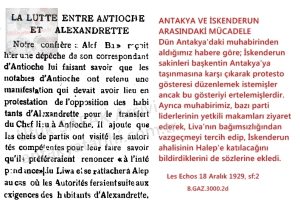 Antakya ve İskenderun Arasındaki Mücadele/Le Echos  18 Aralık 1929