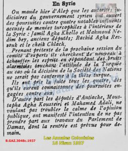 Türk Yanlısı Hareketler ve Antakyalı Suriye Meclisi Üyeler-Les Annales Coloniales 16 Nisan 1937