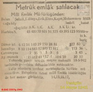 Harbiye’de Metruk Arazilerin Ürünleri Açık Arttırmada Satılıyor-Yenigün-14 Mayıs 1942