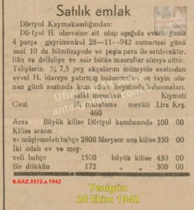 Dörtyol’daki Meryem Ana Kilisesinin Satışı-Yenigün-20 Ekim 1942/Sale of the Virgin Mary Church in Dörtyol – Yenigün Newspaper – October 20, 1942
