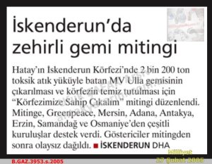 İskenderun’da Zehirli Gemi Mitingi-Milliyet-27 Şubat 2005/Poisoned Ship Rally in Iskenderun – Milliyet – February 27, 2005