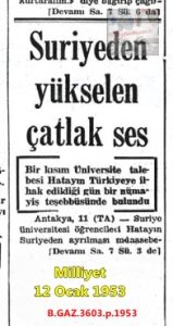 Suriye’de Hatay’ın İlhakını Protesto Gösterisi-Milliyet 12 Ocak 1953/Protest Demonstration against the Annexation of Hatay in Syria – Milliyet, January 12, 1953
