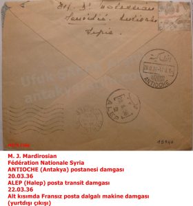 18 Mart 1936 tarihinde Samandağ Musadağı’ndan Paris’e gönderilen mektup/Letter sent from Samandağ Musadağı to Paris on March 18, 1936