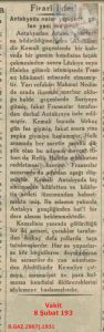 Abdülkadir Kemali Haberi-Vakit 8 Şubat 1931/Abdülkadir Kemali News – Vakit Newspaper, February 8, 1931