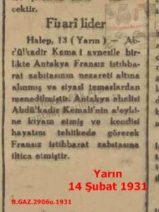 Abdülkadir Kemali Haberi-Yarın 14 Şubat 1931 /Abdülkadir Kemali News – Yarın Newspaper, February 14, 1931