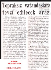 Amik Ovasında Dağıtılacak Arazi-Milliyet 28 Aralık 1950/Land to be Distributed in the Amik Plain–Milliyet, 28 December 1950