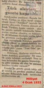 Antakya Gazetesinin Kapanması-Milliyet 4 Ocak 1933/The Closure of the Antakya Newspaper – Milliyet Newspaper, 4 January 1933