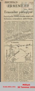 Antakya’da Ermenilerin Arazi Satın Aldığı ve Abdülkadir Kemali – Milliyet 30 Temmuz 1931/Land Purchases by Armenians in Antakya and Abdülkadir Kemali – Milliyet Newspaper, July 30, 1931