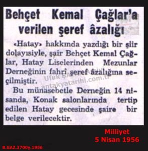 Behçet Kemal Çağlar’ın Hatay Şiiri-Milliyet 5 Nisan 1956/Behçet Kemal Çağlar’s Poem on Hatay – Milliyet, 5 April 1956