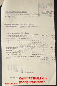 Cevat Açıkalın’a gönderilen havale ve yaptığı masraflar 1938