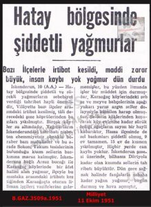 Hatay Bölgesinde Şiddetli Yağmur-Milliyet 11 Ekim 1951/Heavy Rainfall in the Hatay Region – Milliyet, 11 October 1951