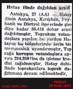 Hatay’da Dağıtılan Devle Arazileri-Milliyet 28 Ocak 1952/Distribution of State Lands in Hatay — Milliyet, 28 January 1952