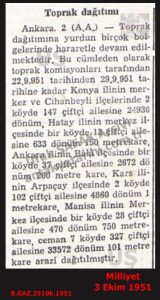 Hatay’da Toprak Dağıtımı-Milliyet 3 Ekim 1951/Land Grants in Hatay-Milliyet, 3 October 1951