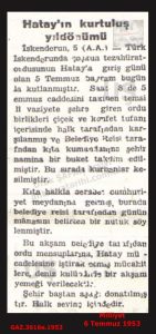 Hatay’ın Kurtuluş Yıl dönümü-Milliyet 6 Temmuz 1953/The Anniversary of Hatay’s Liberation – Milliyet, 6 July 1953