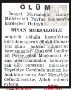 İnayet Mursaloğlu’nun Ölüm İlanı-Milliyet 19 Ekim 1952/Death Notice of İnayet Mursaloğlu – Milliyet, 19 October 1952