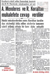 Koraltan’ın Samandağı Konuşması-Milliyet 5 Şubat 1952/“Koraltan’s Speech in Samandağı – Milliyet, 5 February 1952”