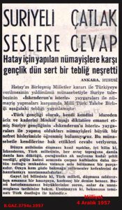 Suriye’nin Hatay Talebine Cevap-Milliyet 4 Aralık 1957/A Strong Response to Syria’s Claim to Hatay – Milliyet, 4 December 1957