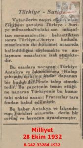 Türkiye Suriye Sınırı-Milliyet 28 Ekim 1932/The Turkey–Syria Border – Milliyet Newspaper, October 28, 1932