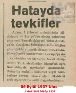 Hatay’da Tutuklamalar-Ulus-6 Eylül 1937/Arrests in Hatay – Ulus Newspaper– 6 September 1937