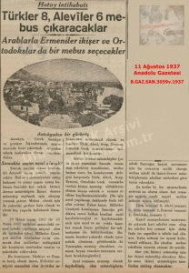 Hatay Millet Meclisin’de Millet Vekili Dağılımı-11 Ağustos 1937 Anadolu Gazetesi/Distribution of Deputies in the Hatay National Assembly – Anadolu Newspaper, 11 August 1937