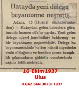 Fransız Delegesinin Hatay’daki Asayiş Önlemleri-Ulus-16 Ekim 1937/Security Measures in Hatay by the French Delegate – Ulus Newspaper – 16 October 1937