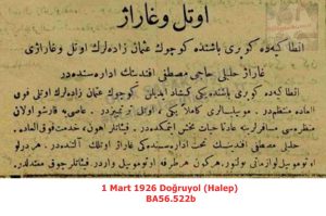 Antakya’da Küçük Osmanzadelerin oteli ve garajı reklamı-1 Mart 1928-Doğru Yol Gazetesi (Halep)/Advertisement for the Hotel and Garage of the Küçük Osmanzades in Antakya – 1 March 1928 – Doğru Yol Newspaper (Aleppo)