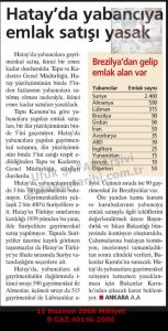 Hatay’da Yabancılara Emlak Satışı-11 Haziran 2006-Milliyet/“Real Estate Sales to Foreigners in Hatay” — 11 June 2006 — Milliyet
