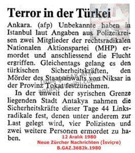Türkiye’de Terör-12 Aralık 1980-Neue Zürcher Nachrichten (İsviçre)/Terror in der Türkei-12 April 1980