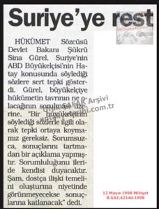 Suriye ile Hatay Sorunu-12 Mayıs 1998-Milliyet/The Hatay Dispute with Syria – 12 May 1998 – Milliyet