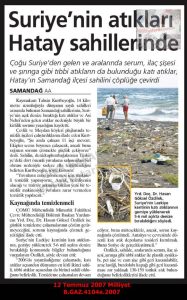 Suriye’den Samandağı Sahiline Vuran Atıklar-12 Temmuz 2007-Milliyet/“Waste Washed Ashore on the Samandağ Coast from Syria” — 12 July 2007 — Milliyet