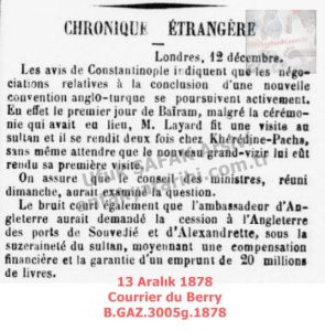 Süveydiye ve İskenderun’un İngiltere’ye Bırakılması-13 Aralık 1878-Courrier du Berry/The Cession of Suveydiye and Alexandretta to England — 13 December 1878