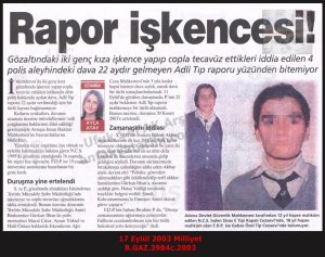 İskenderun’da Gözaltında İşkence-17 Eylül 2003-Milliyet/Torture in Custody in İskenderun – 17 September 2003 – Milliyet